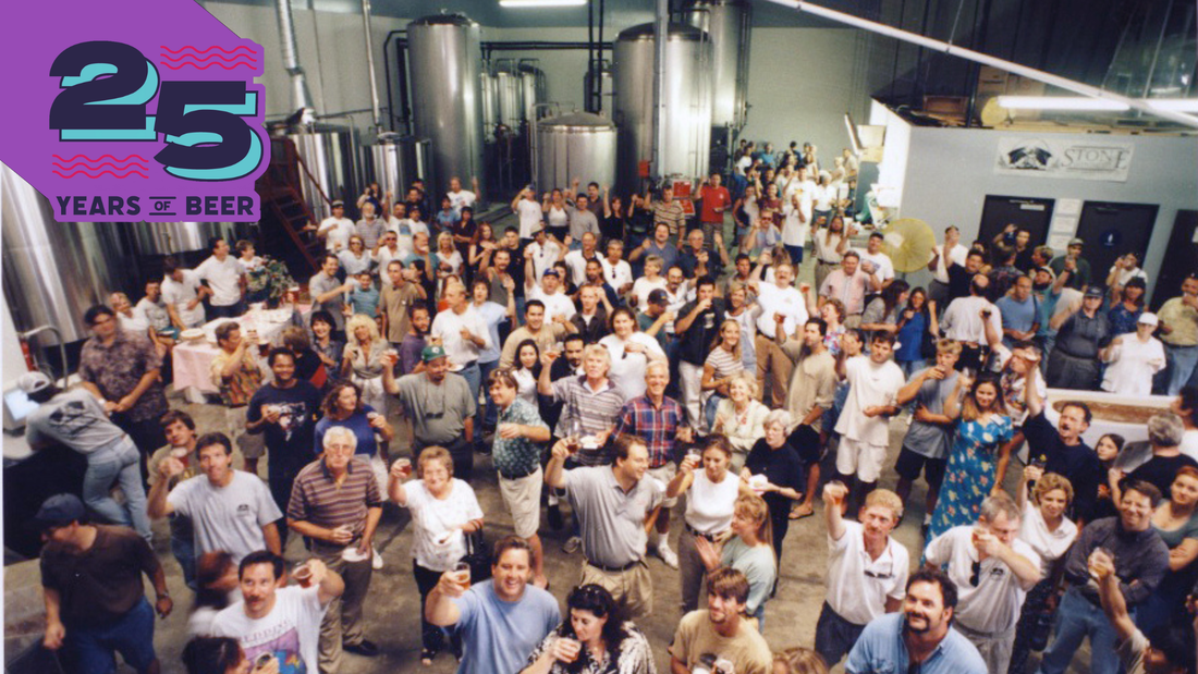 Photo of people in original Stone Brewing location